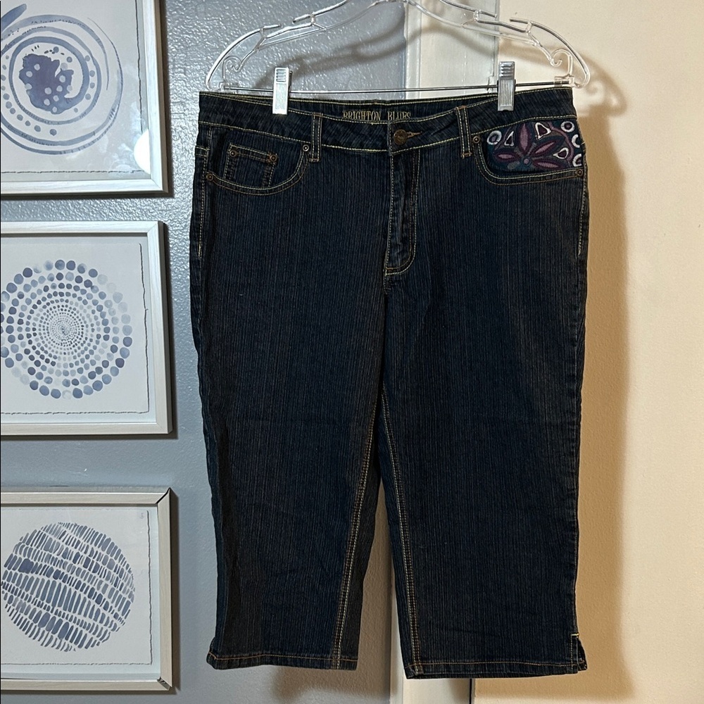 Brighton Blues Dark Denim Capri Jeans with Embroidered Beaded Pockets Size 8